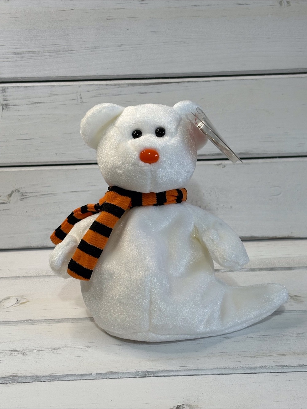 Ty Quivers White Plush Ghost Bear with Orange Nose & Black-Orange Striped Scarf